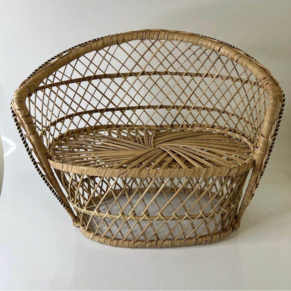 Doll Bear Chair Bench Toy Display Wicker Boho Hippie Vtg Decor Rattan 12"